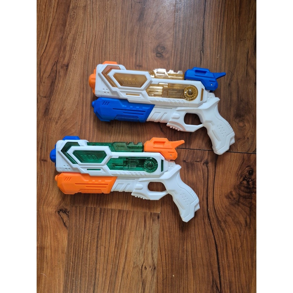 2 Water Guns Shooters Slide Shoot No Trigger Blue Green Gold Manual Fill s30